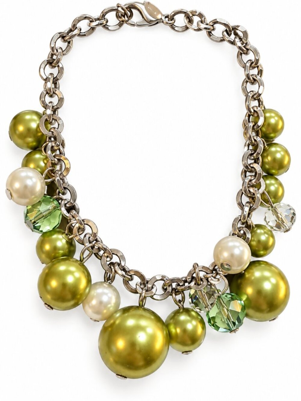 Vintage Green Pearl Crystal Charm Bracelet Silver Tone Cable Chain 7.5"